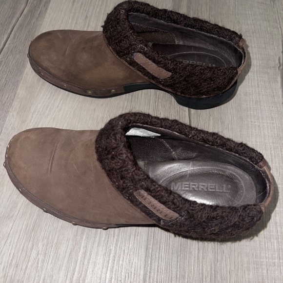 Merrell Brown Knit Lined Heeled Clog Slip On Shoes Size 6.5 - Picture 4 of 5